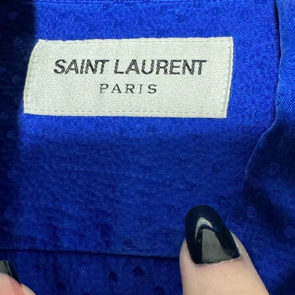 Saint Laurent Tonal Dot Silk Button Up in Royal Blue - Picture 8 of 16